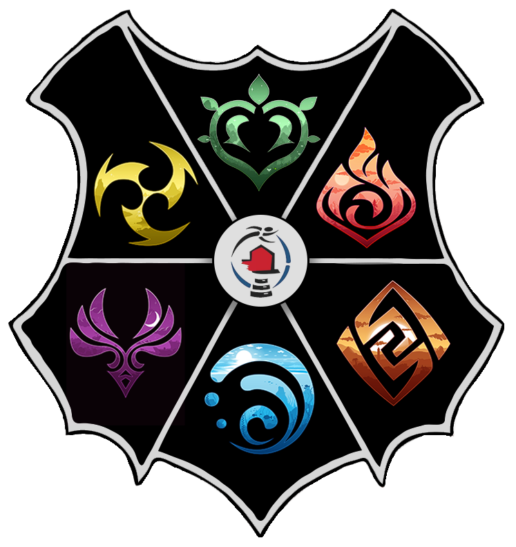 Emblema negro en forma de escudo con seis símbolos elementales de colores (amarillo, verde, rojo, morado, azul y naranja) dispuestos alrededor de un icono circular central con formas rojas, azules y grises.